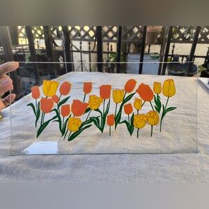 Vintage Retro Clear Glass Tray with Orange and Yellow Flowers